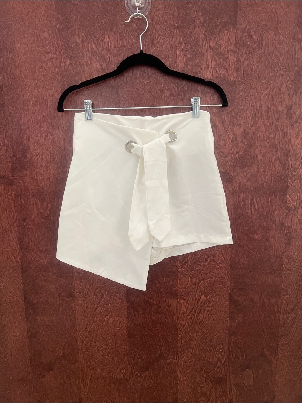Women’s white dress shorts - Tie-Front Asymmetric Women’s Skirt overlay in front